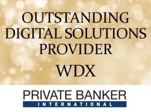 Graphic highlighting Wealth Dynamix's win for Outstanding Front-End Digital Solutions Provider at the Private Banker International Switzerland Awards